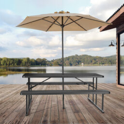 Foldable Picnic Table, 6 FT Folding Picnic Tables with Benches, Steel Outdoor Bench Set with Umbrella Hole, Large Outside Dining Table for Patio Garde