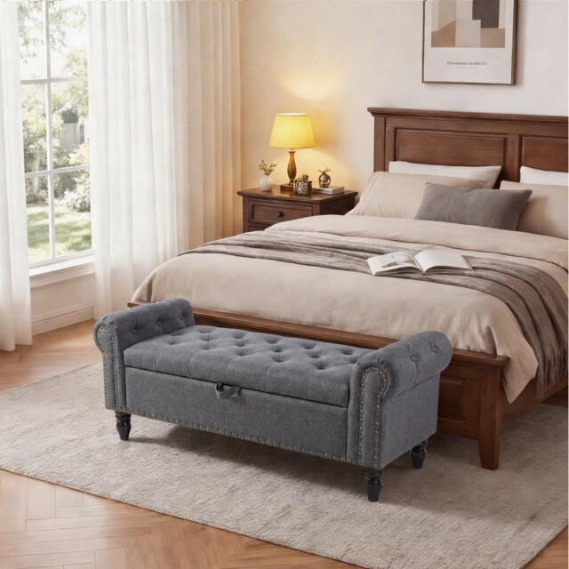 51in Bedroom Storage Bench for End of Bed, Upholstered Ottoman Bench with Button Tufted Design and Rolled Arms, Anti Cotton and Linen Entryway Bench w