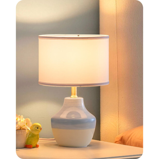 Ceramic Table Lamp, Light Blue & Cream Base, Modern Bedside Table Lamp With Fabric Shade, Bedside Lamp For Bedroom, Living Room, E14 2700K LED Bulb In