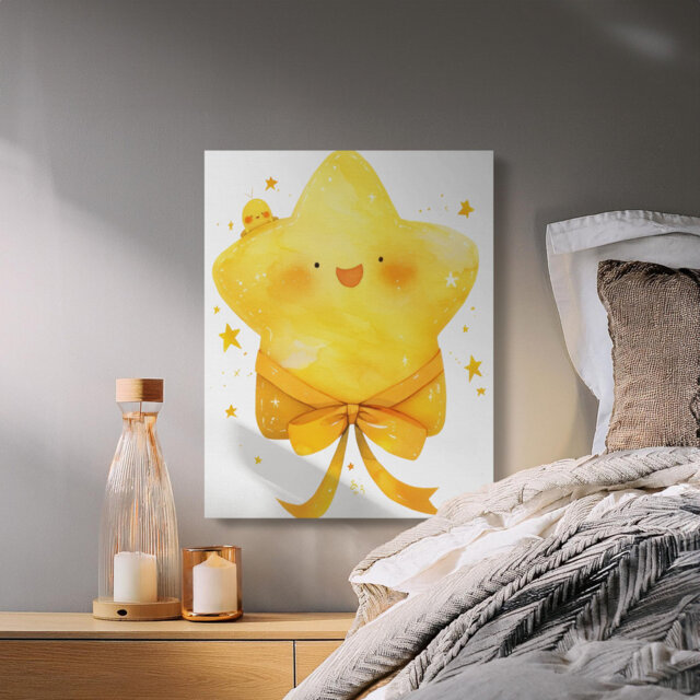 Cute Watercolor Star & Chick Nursery Canvas Art, Smiling Baby Room Wall Decor, Whimsical Kids Gift Print