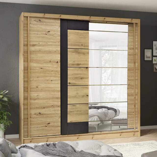 Avantgarde 4 Sliding Door Wardrobe 200cm - Oak Artisan & Graphite with Mirrored Door