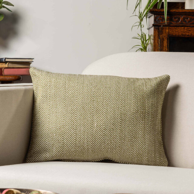Faux Wool Linen Blend Herringbone Cushion in Green