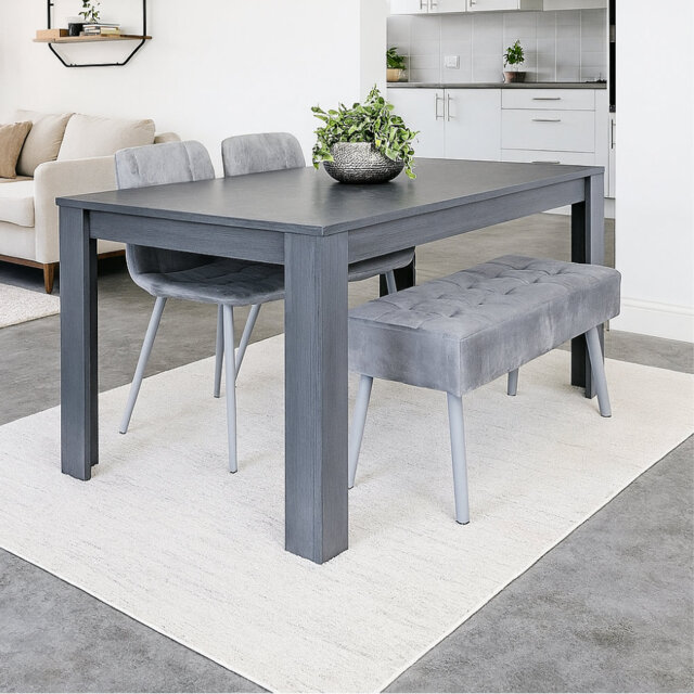 Dining Table and 2 Chairs And Bench Oak Effect Wood Table 1 Grey Velvet Chairs Dining Room