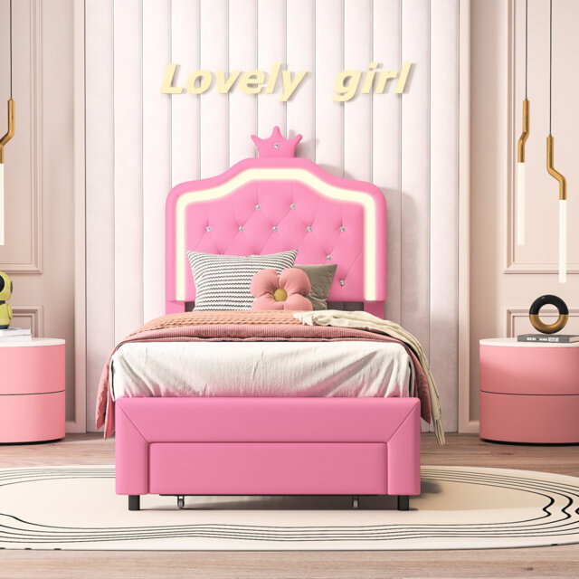 Warmth Single Bed Frame Kids Bed With LED, PU Upholstered Bed With Drawer And Adjustable Height Headboard, Platform Bed Frame With Solid Wood Slats, E