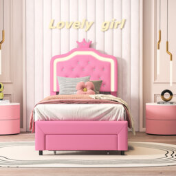 Warmth Single Bed Frame Kids Bed With LED, PU Upholstered Bed With Drawer And Adjustable Height Headboard, Platform Bed Frame With Solid Wood Slats, E