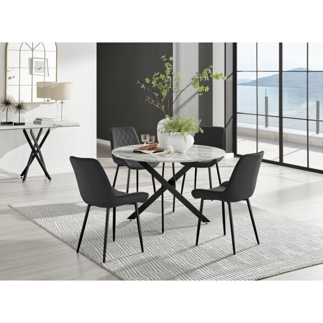 Tierra Modern Chrome Metal & Glass Round Dining Table Set with 6 Luxury Faux Leather Chairs