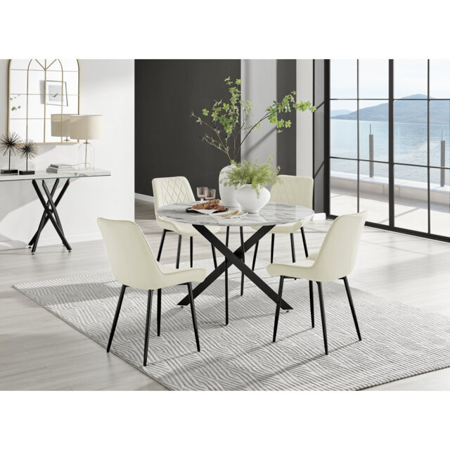 Tierra Modern Chrome Metal & Glass Round Dining Table Set with 6 Luxury Faux Leather Chairs