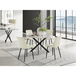 Tierra Modern Chrome Metal & Glass Round Dining Table Set with 6 Luxury Faux Leather Chairs