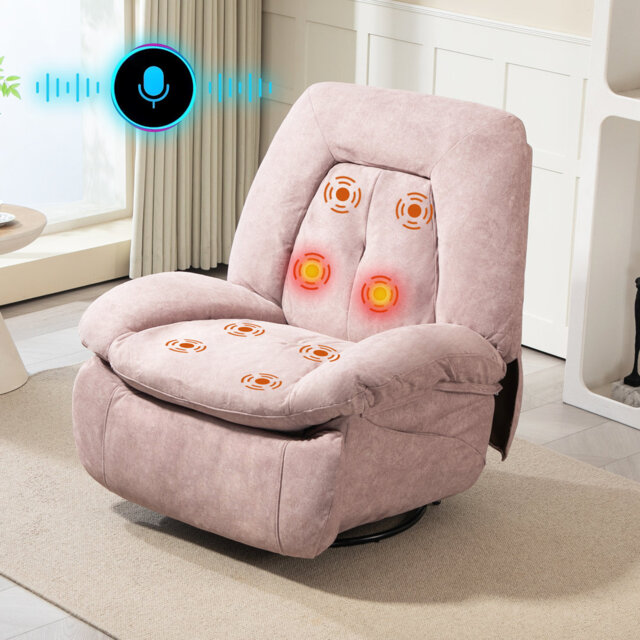 300lbs Electric Massage Swivel Recliner With Heat & Voice Control - Wide Seat Oversized Padded Power Recliner With Lumbar Pillow, Fabric Massaging Cha