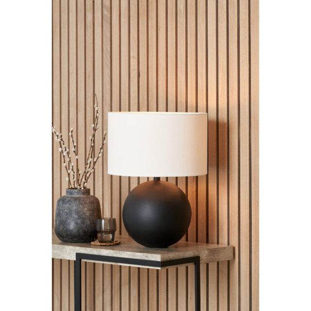 Bechara Matt Black Metal Spherical Table Lamp Base with Henry 35cm White Handloom Cylinder Lampshade