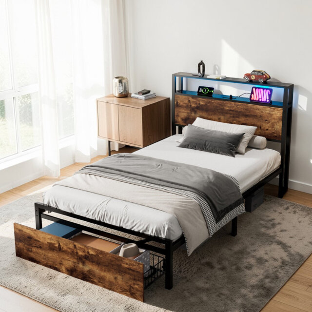 Storage Bed With LED Light Strip Controlled By App And Bluetooth, And 2 Drawers, 2 USB Port+1 Type Multifunctional bed