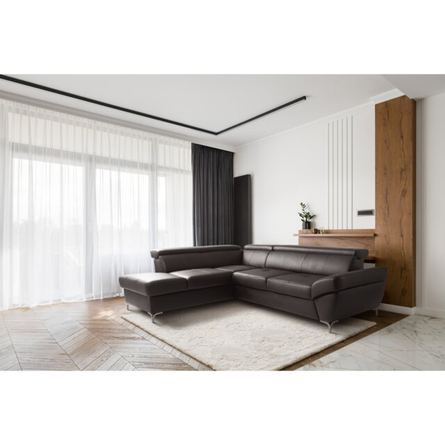 CAPRI Genuine Leather Corner Sofa with Pull-Out Bed and Storage and Adjustable Headrests