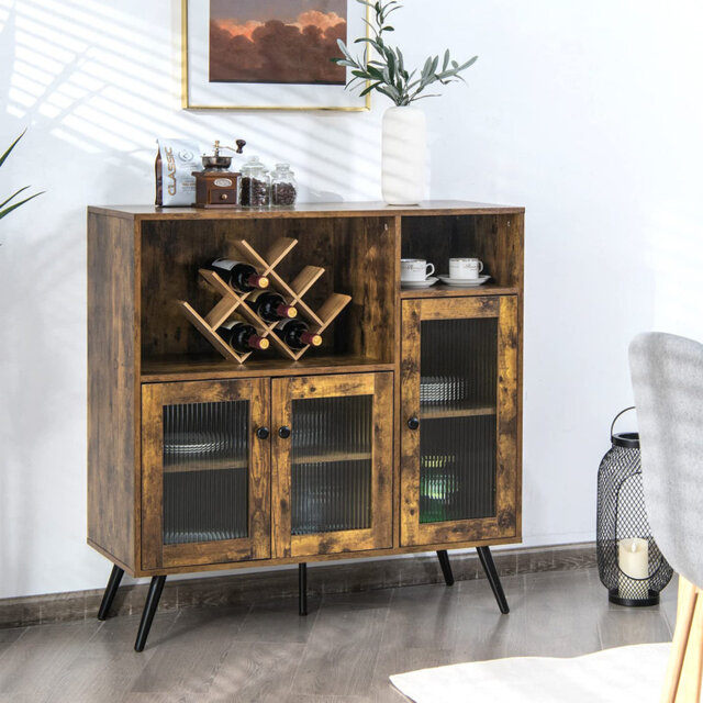 Industrial Storage Cabinet, Floor Standing Wooden Sideboard With Tempered Glass Doors, Adjustable Shelf And 5 Steel Legs, Side Cabinet Display Cupboar