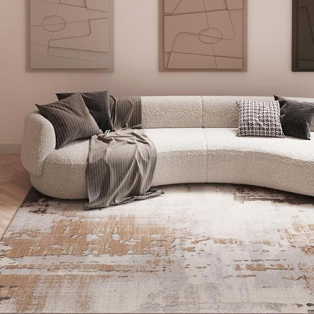 Neutral Textured Polyester Area Rug, Stain-Resistant Grey Beige, 160x230cm for Living Room, Hallway
