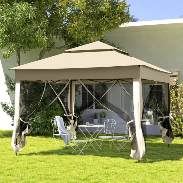 3 X 3m Pop Up Gazebo, Double-roof Garden Tent With Netting Curtains, Sturdy Metal Frame, Water-resistant Canopy, Ground Stakes, Guy Ropes & Carry Bag,