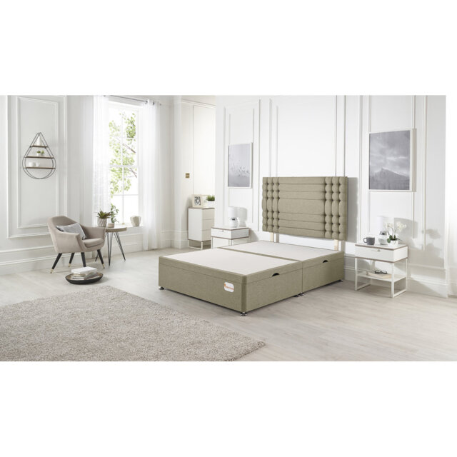 Luxara Solid Wood Ottoman Bed Side Opening with Upholstered Headboard Linen Fabric