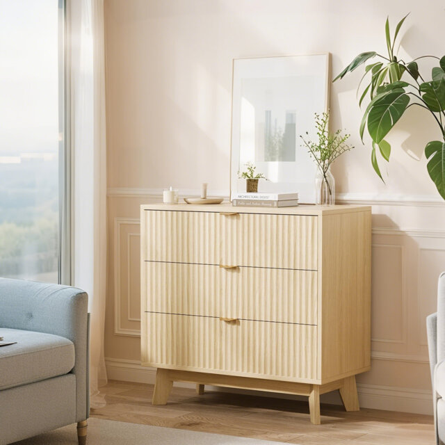 Mid Century Modern Fluted 3 Drawer Dresser, Boho Wood Chest with Deep Drawers & Metal Handle, Large Storage Organizer for Bedroom, Hallway, Living Ro