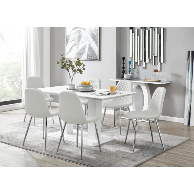 Edzard Double Pedestal High Gloss Dining Table Set with 6 Luxury Faux Leather Dining Chairs