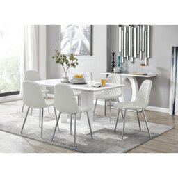 Edzard Double Pedestal High Gloss Dining Table Set with 6 Luxury Faux Leather Dining Chairs
