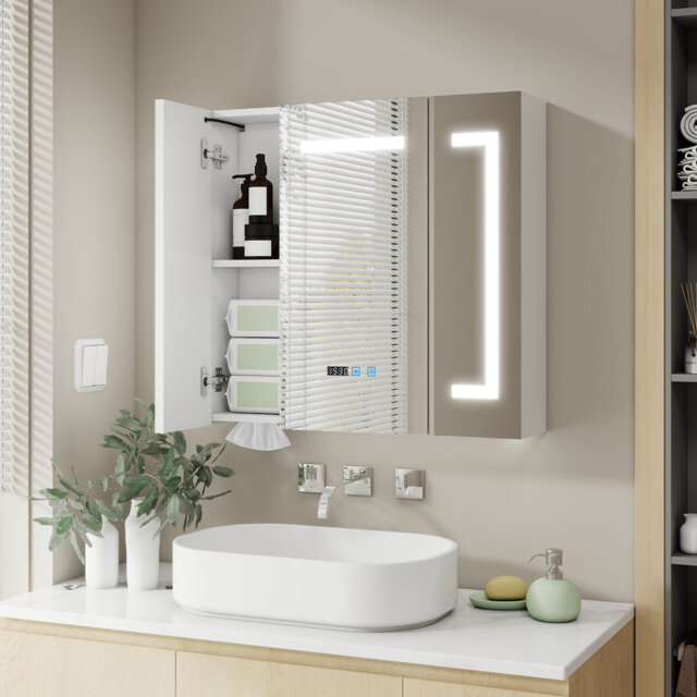 70x75mm LED Bathroom Mirror Cabinet with Charging and Light, Storage Cupboard with Tissue Slot