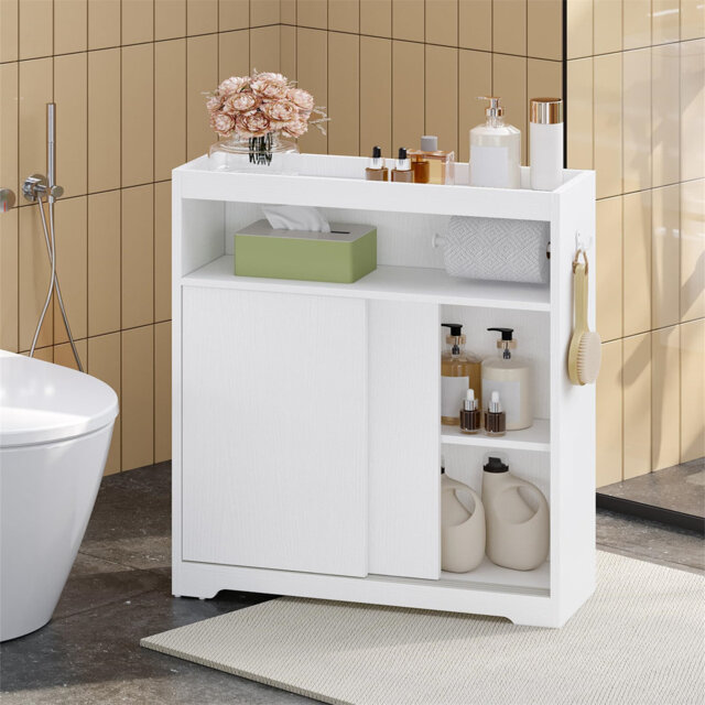 Bathroom Storage Cabinet, Bathroom Floor Cabinet With Sliding Doors, Toilet Paper Holder And Hooks, Freestanding Storage With Adjustable Shelf, For Li