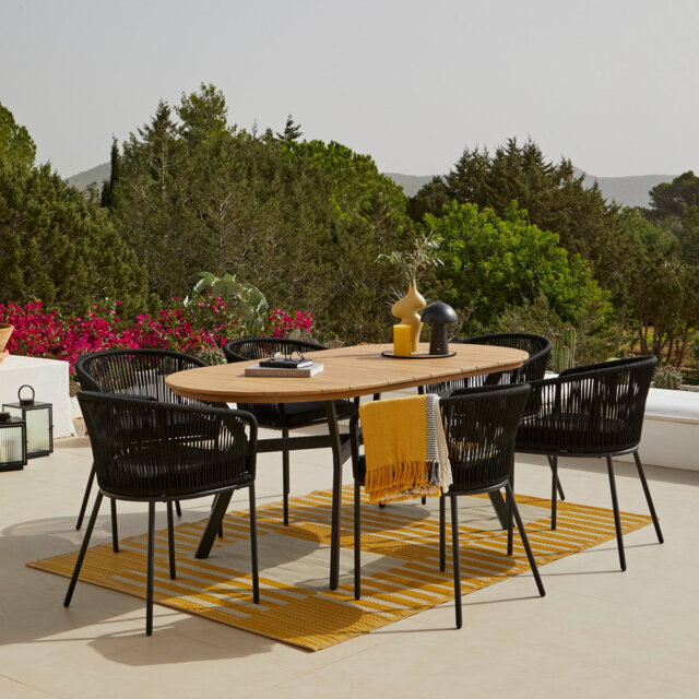 6 Seater Oval Wooden Garden Dining Set with 6 Rope Chairs