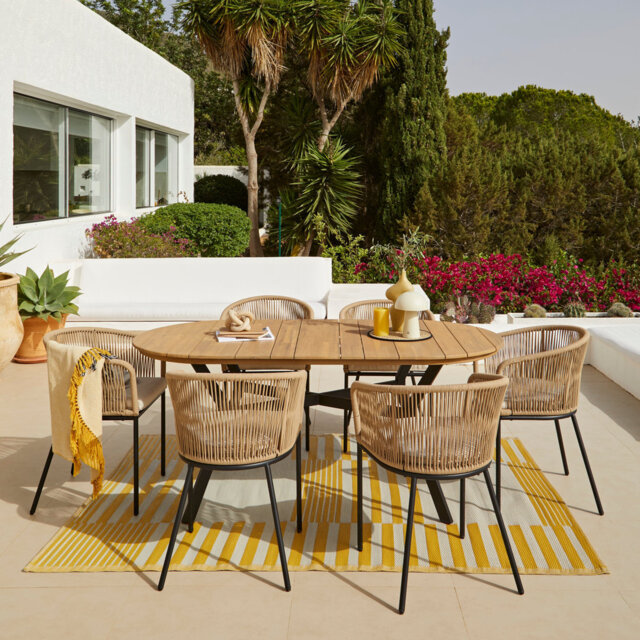 6 Seater Oval Wooden Garden Dining Set with 6 Rope Chairs