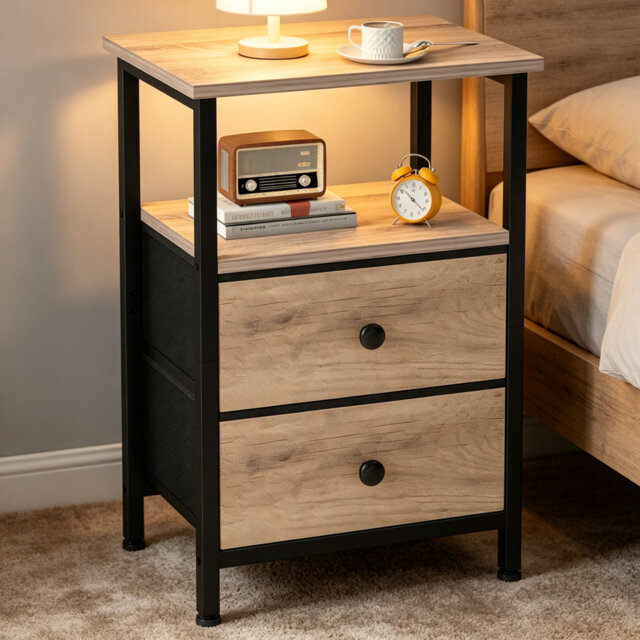 Gray Nightstand with 2 Fabric Drawers, Open Shelf Small Bedside Cabinet, Multifunctional End Table for Bedroom Living Room