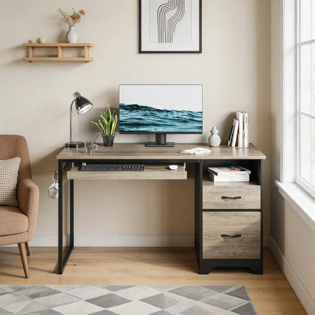 122cm Computer Desk With File&Storage Drawers, Writing Desk With Keyboard Tray&practical Hook And Open Compartments