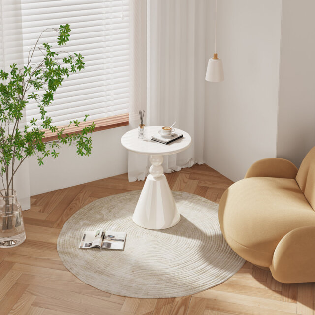 Cream Round Side Table 58cm Modern Sculptural Accent Table, Glossy Finish, Small Living Room Or Bedside Table 76.5cm H