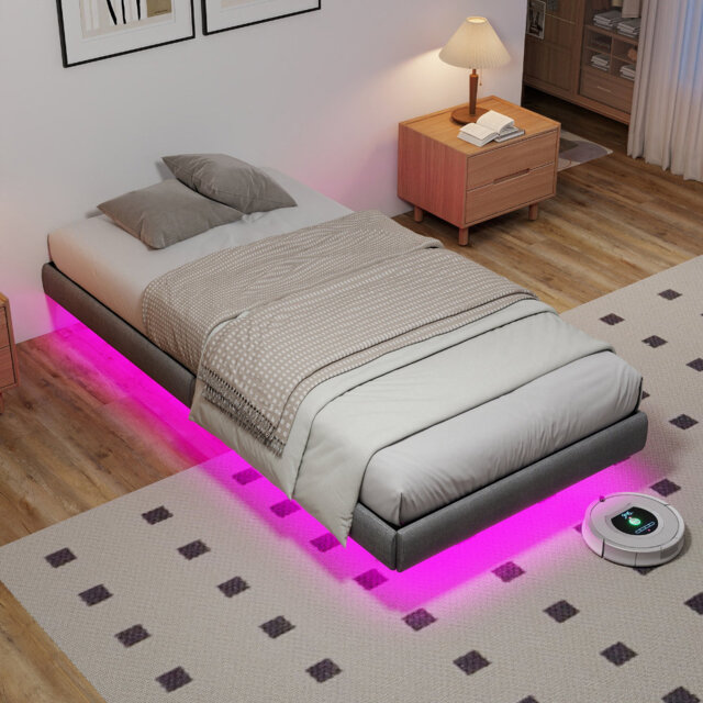 [90cm × 190cm] Floating Single Bed Frame with LED Lights & Underbed Storage, No Box Spring Required