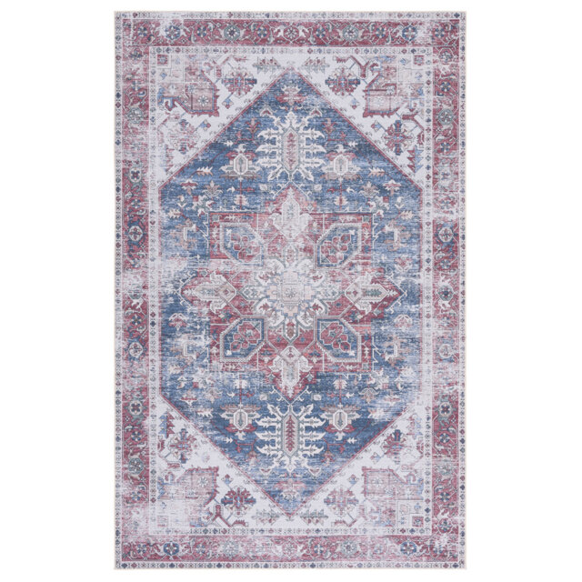 Tucson Vintage Look Machine Washable Non-Slip Area Rug in Blue & Red