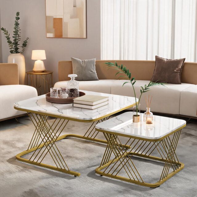 Nest of 2 Square Coffee Tables, Marble Pattern White Top with Gold Metal Frame,Nesting Sofa Side End Table Set,Multi-functional Accent Table for Livin