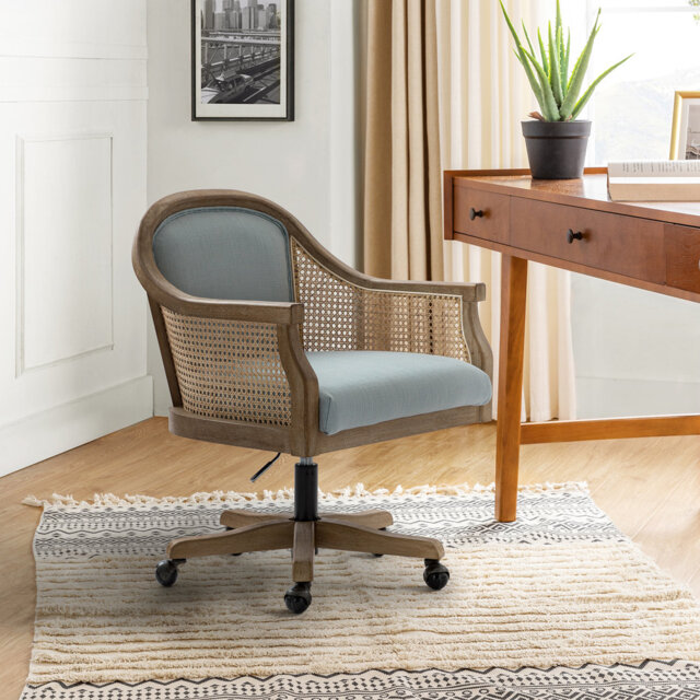 Xaver 50.8cm W Farmhouse Swivel Barrel Task Chair with Rattan Arms