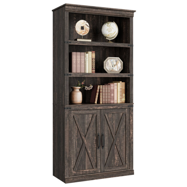 "68.7"" Dark Oak Farmhouse 5-Tier Bookcase with Doors - Wooden Closed Storage Cabinet, 31.5x12.9"" Shelf for Living Room, Bedroom & Office"