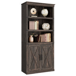 "68.7"" Dark Oak Farmhouse 5-Tier Bookcase with Doors - Wooden Closed Storage Cabinet, 31.5x12.9"" Shelf for Living Room, Bedroom & Office"