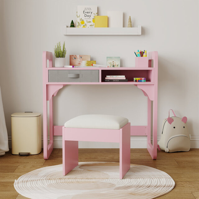 Kids Desk and Chair Set – Adjustable Height Wooden Study Table with Storage, Cloth Drawer, Book Shelf & Pen Holders – Padded Stool Included