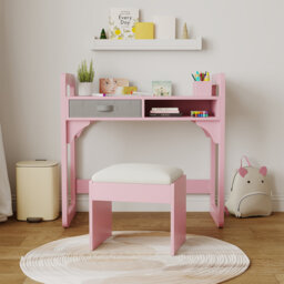 Kids Desk and Chair Set – Adjustable Height Wooden Study Table with Storage, Cloth Drawer, Book Shelf & Pen Holders – Padded Stool Included