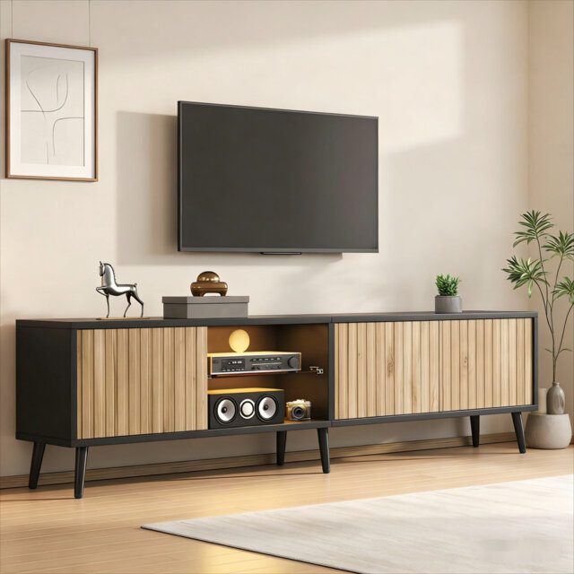 175 cm Mid-Century TV Stand with Fluted Wood Doors & App-Controlled LED