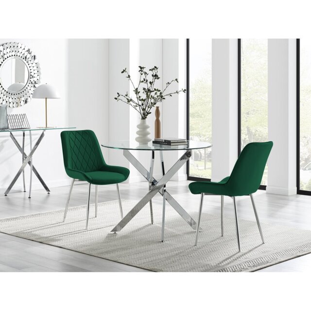 Tierra Modern Chrome Metal & Glass Round Dining Table Set with 2 Luxury Faux Leather Chairs