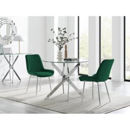 Tierra Modern Chrome Metal & Glass Round Dining Table Set with 2 Luxury Faux Leather Chairs