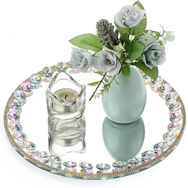 "10.6"" Medium Round Mirrored Glass Vanity Tray - Colorful Sparkling Crystal Perfume/Makeup/Jewelry Organizer"