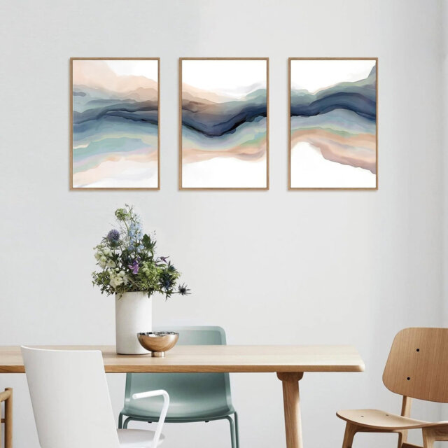3 Piece Watercolor Line Canvas Set Teal Orange Stroke 40 x 30 cm Wall Decor