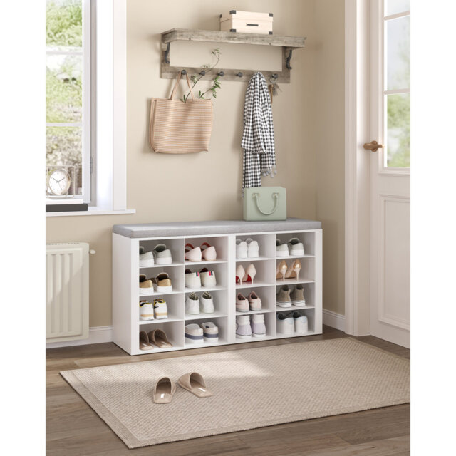 Shoe Storage Bench with Padded Seat, Shoe Rack Bench with 16 Open Compartments, Adjustable Shelves, Shoes Cabinet with Cushion for Hallway, Living Roo