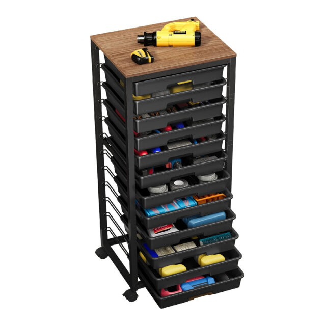 12-Drawer Rolling Storage Trolley with Wooden Top & Plastic Drawers, Mobile Utility Organiser Cart for Kids Room and Craft Room, Black
