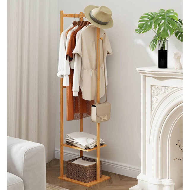 Bamboo Corner Coat Rack With 2 Shelves 3 Hanger Hooks And Pants Hanger