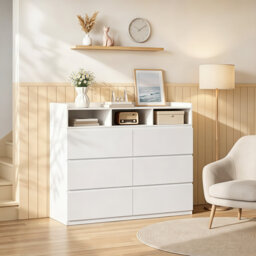 6 Drawer Chest of Drawers with 3 Open Compartments, 120x40x100 cm, Multifunctional Wooden Storage Cabinet for Bedroom Living Room Hallway