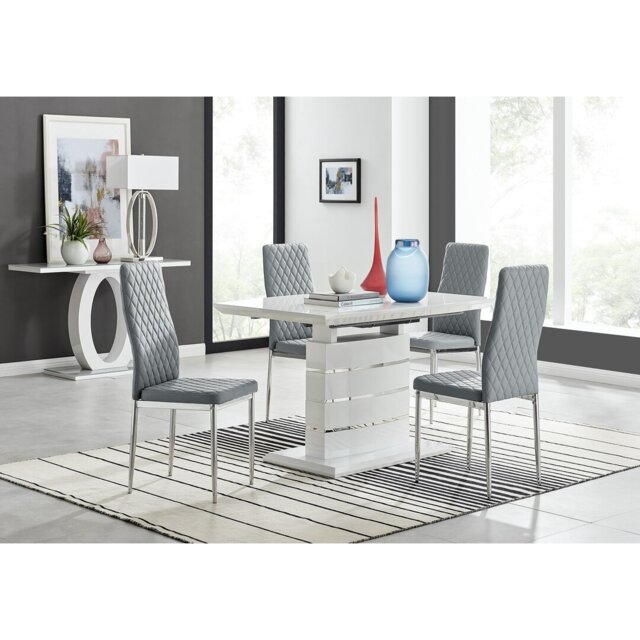 Renne Modern High Gloss Extendable Dining Table Set With 4 Quilted Faux Leather Dining Chairs