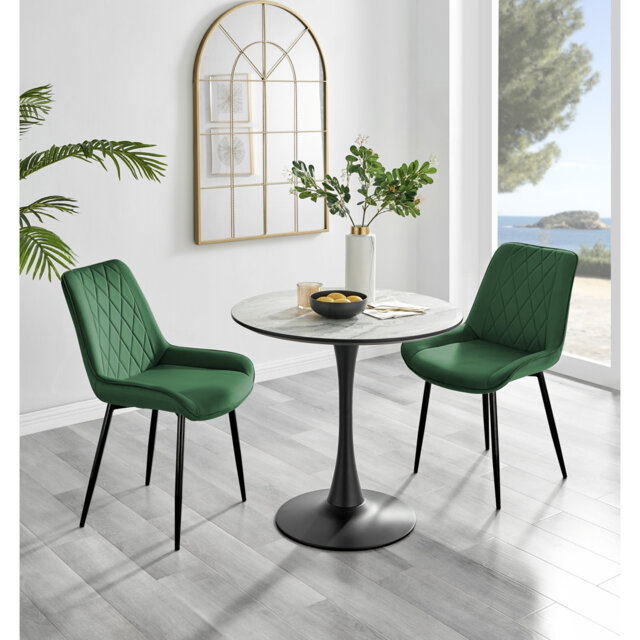 Ellis White Marble Effect Melamine Round Dining Table Set with 2 Luxury Velvet Dining Chairs