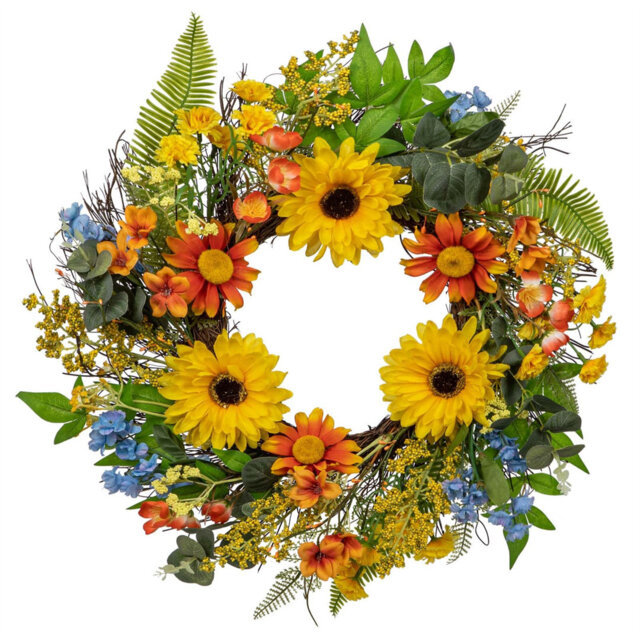 Artificial Sunflowers Wreath Spring Summer Faux Wildflowers In Green Floral Wreath For Home Farmhouse Door Mantle Kitchen Decor